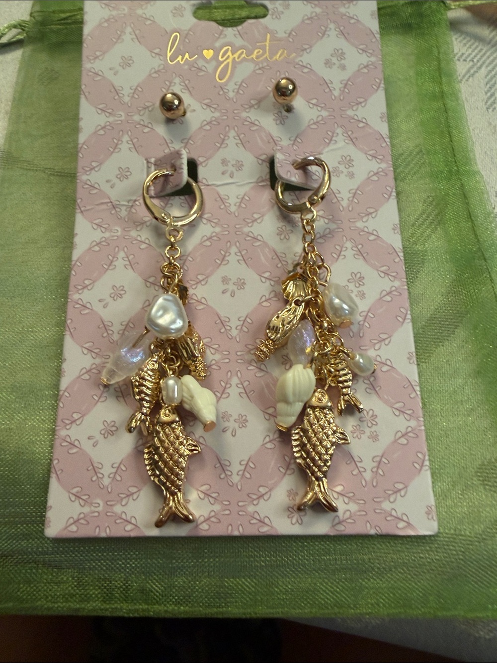 Lu•gata Gold Fish Drop Earrings with White Shell Accents